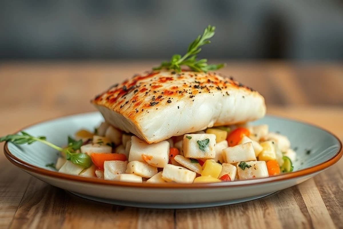 Bacalao al Horno con Ensalada de Espinacas y Piñones