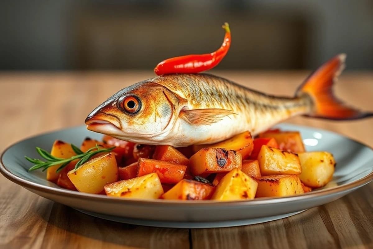 Merluza al Ajillo con Patatas Asadas y Pimiento Rojo