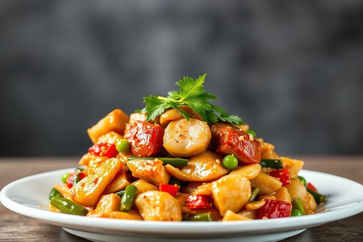 Pollo Kung Pao con verduras frescas y tofu crujiente