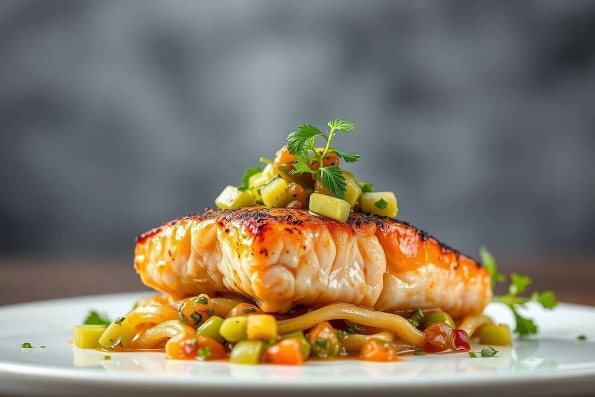 Salmón al Barbacoa con Aguacate Fresco y Salsa Tártara