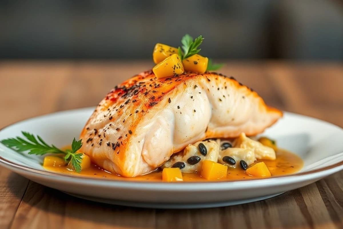 Salmón al Horno con Chutney de Mango y Pera