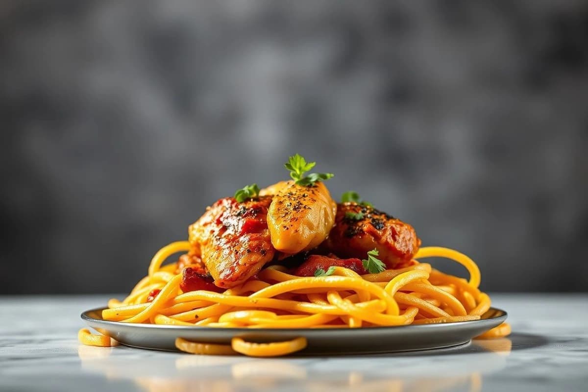 Sangria de Pollo Tikka Masala con Fideos de Cebada