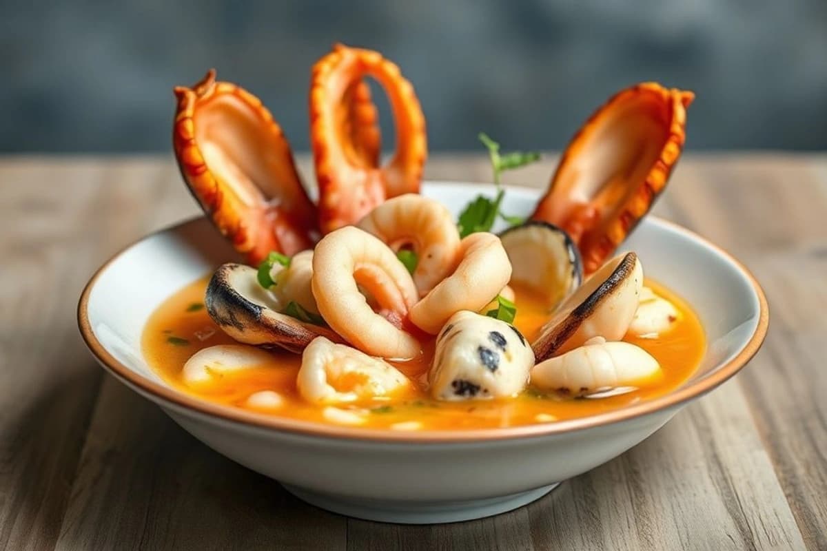 Sopa de Mariscos de Primavera con Calamares Asados