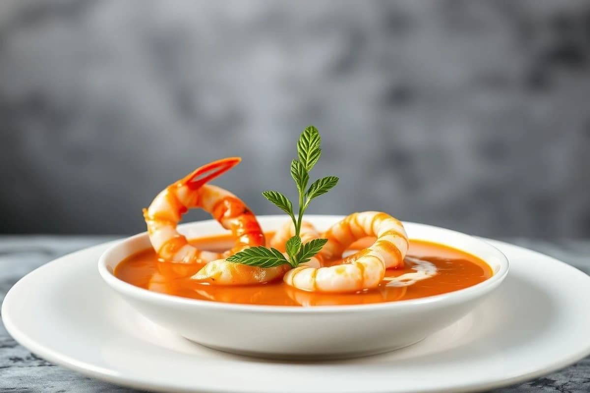 Sopa de Tomate y Coco con Camarones Frescos