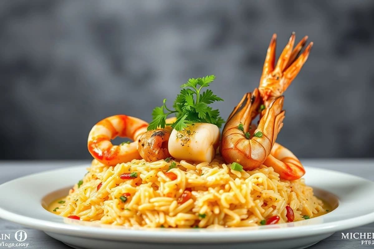 Arroz con Mariscos al Horno y Camarones a la Parrilla con Aji Amarillo y Cilantro Fresco