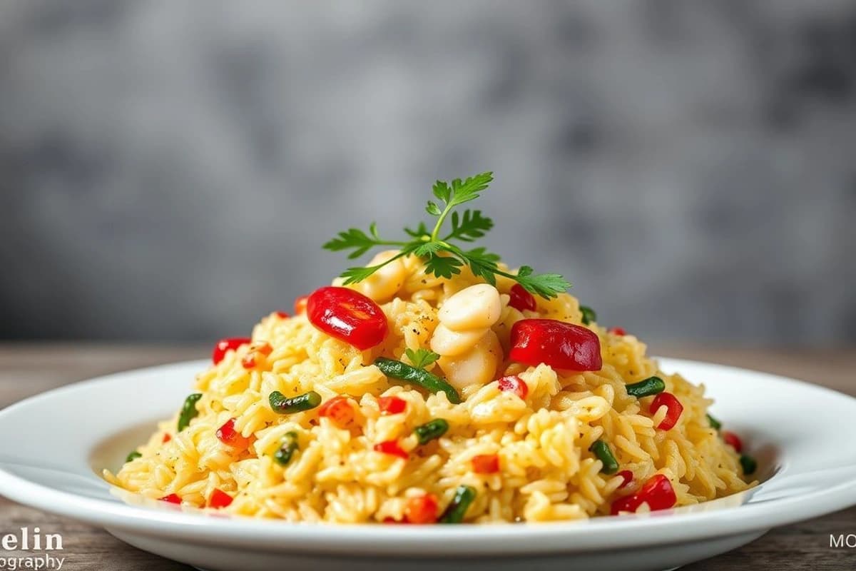 Arroz de verduras portugués con espinacas frescas, pimientos rojos y calabacines