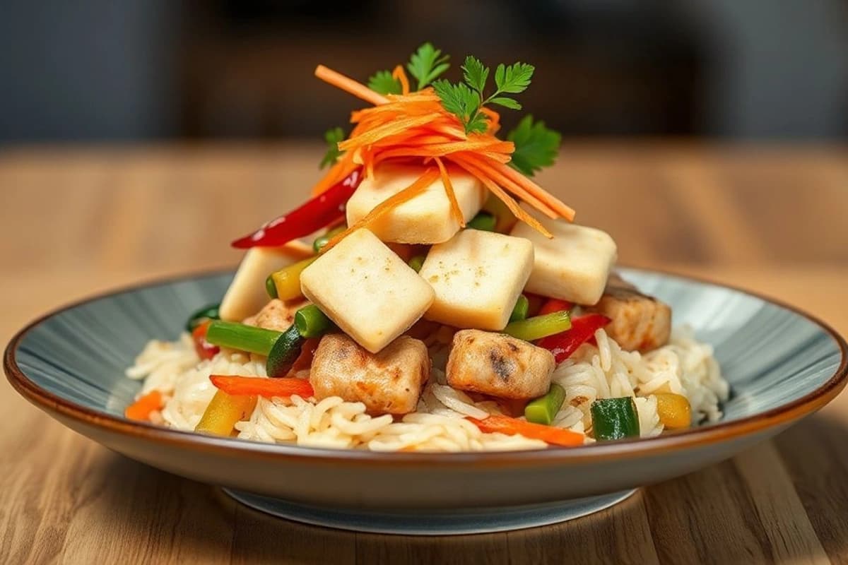 Bokkeumbap Coreano con Tofu Frito, Verduras Salteadas y Arroz Jugoso