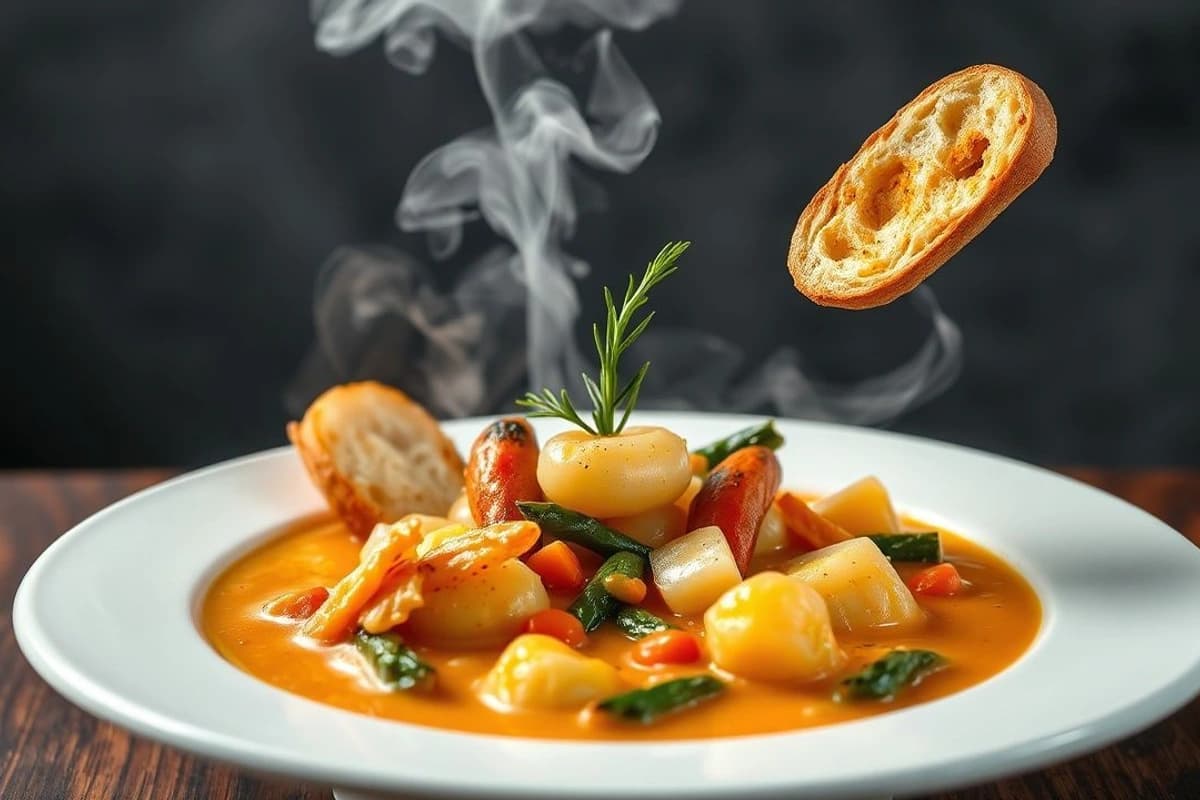Bouillabaisse campera con cordero al vapor, espinacas frescas y baguette crujiente
