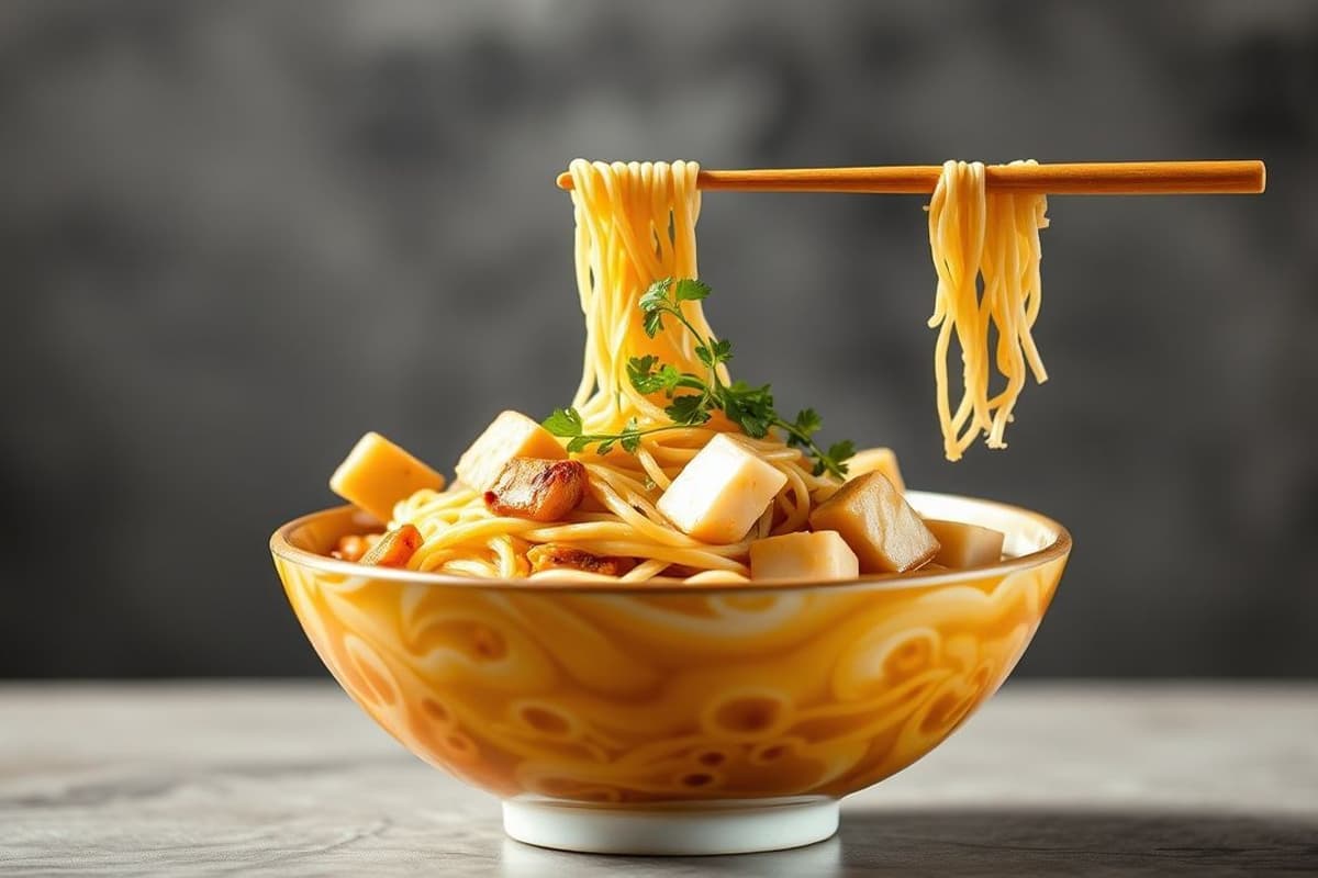 Bowl de Noodles Chinos al Vapor con Tofu Suave y Soja Marinada