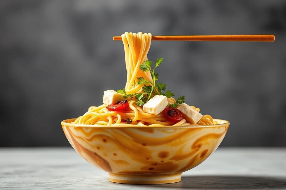 Bowl de Noodles Coreanos Humeantes con Tofu y Soja al Vapor