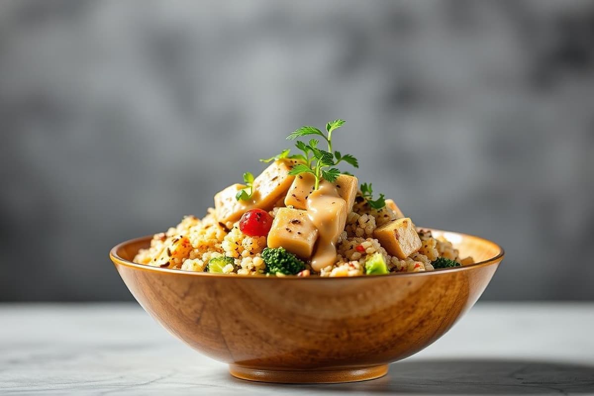 Bowl de quinoa con tofu a la plancha, brócoli al vapor y salsa de tahini casera