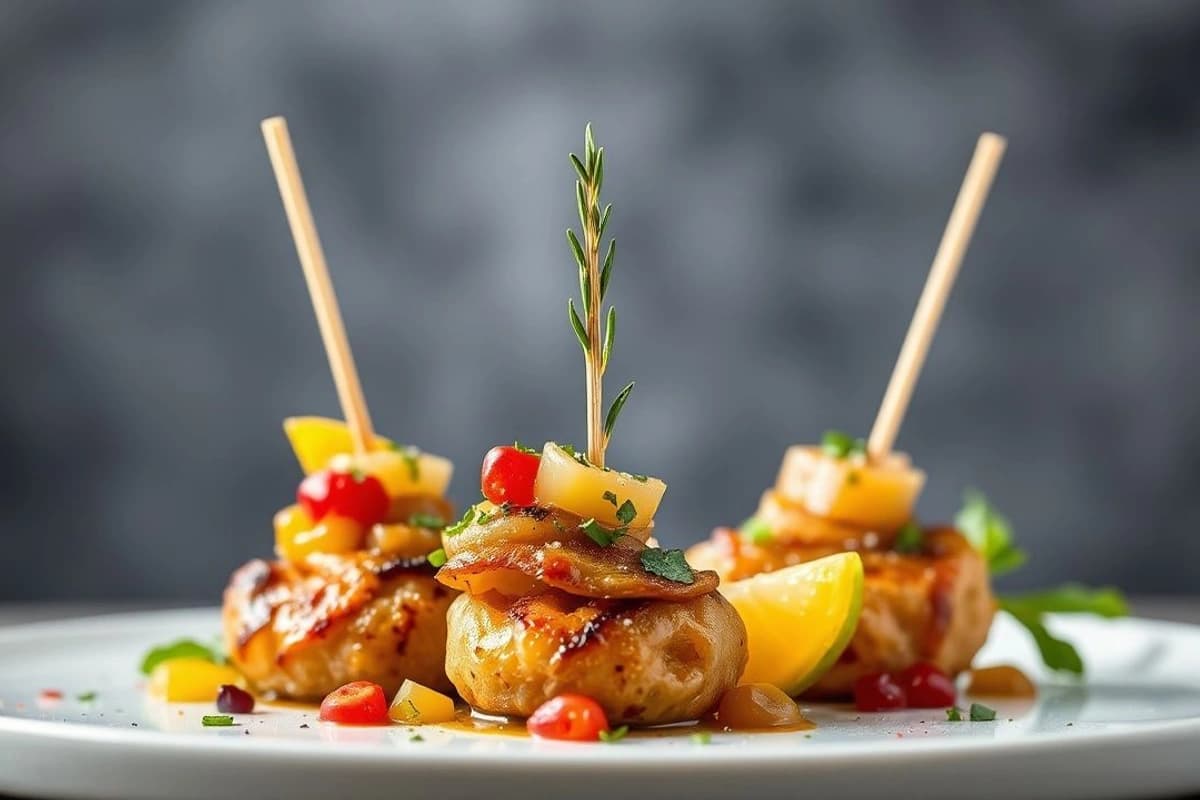 Brochetas de Ternera al Curtis con Salsa de Hierbas y Frutas Frescas