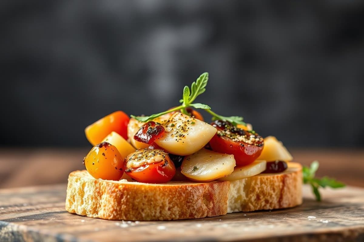 Bruschetta de Lenguado a la Parrilla con Aceitunas Kalamata y Tomate Seco