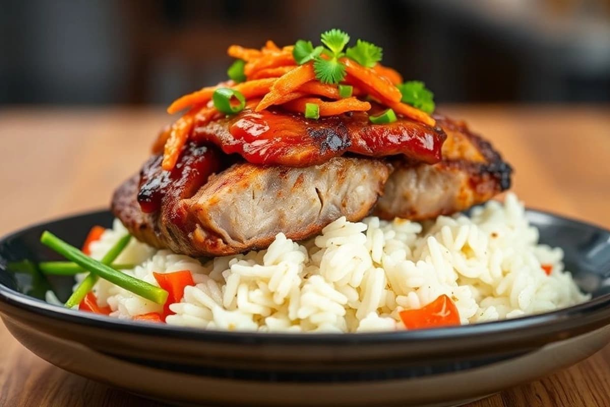 Bulgogi BBQ de Cerdo con kimchi crujiente y arroz blanco cremoso