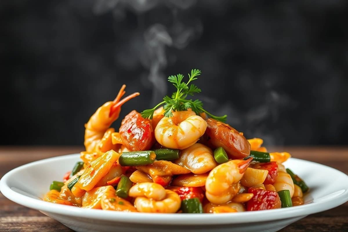 Bulgogi de pollo con gambas y verduras coreanas, salteadas al wok con salsa de soja y miel