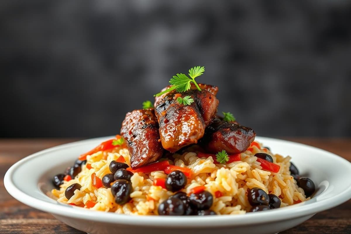 Bulgogi de Ternera con Kimchi Mexicano, servido con Arroz Integral y Frijoles Negros