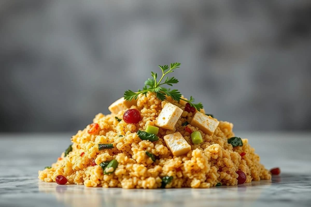 Bulgur con Tofu Frito, Soja Crujiente y Verduras al Vapor: Un Festín Casero de Sabores y Texturas