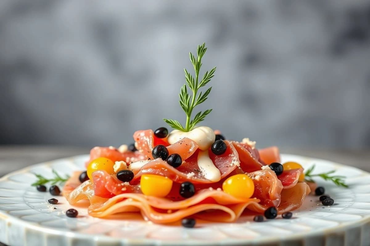 Carpaccio de atún fresco con tahini casero y aceitunas negras