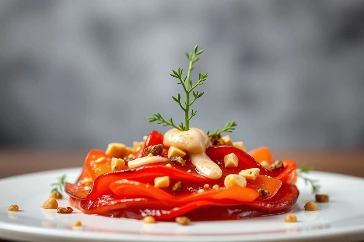 Carpaccio de Pimiento Rojo Asado con Tahini Casero y Pistachos Tostados