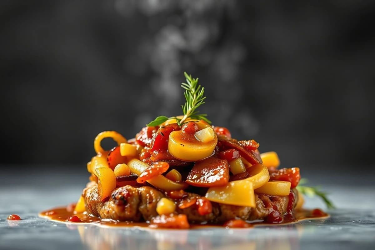 Cerdo al carbón con salsa de bayo y cebolla caramelizada