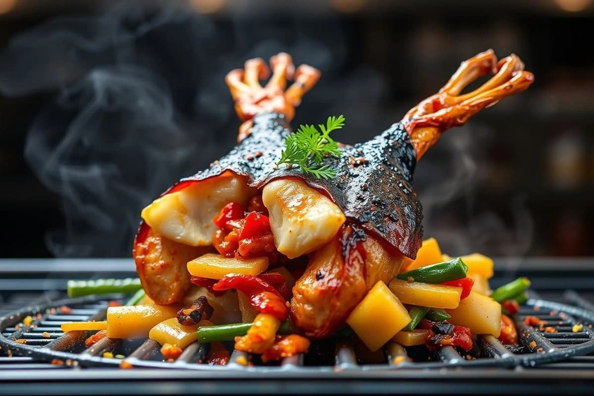 Cerdo coreano a la parrilla con kimchi y verduras asadas