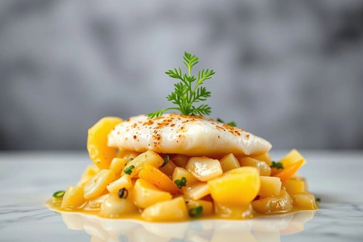 Ceviche de Corvina con Leche de Tigre de Aji Amarillo y Papas Arrugadas