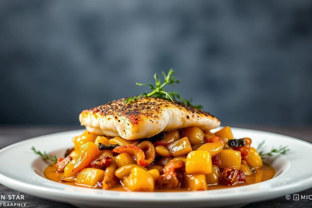 Chakchouka de Pescado Azul con Cebolla Caramelizada y Ajo Picado