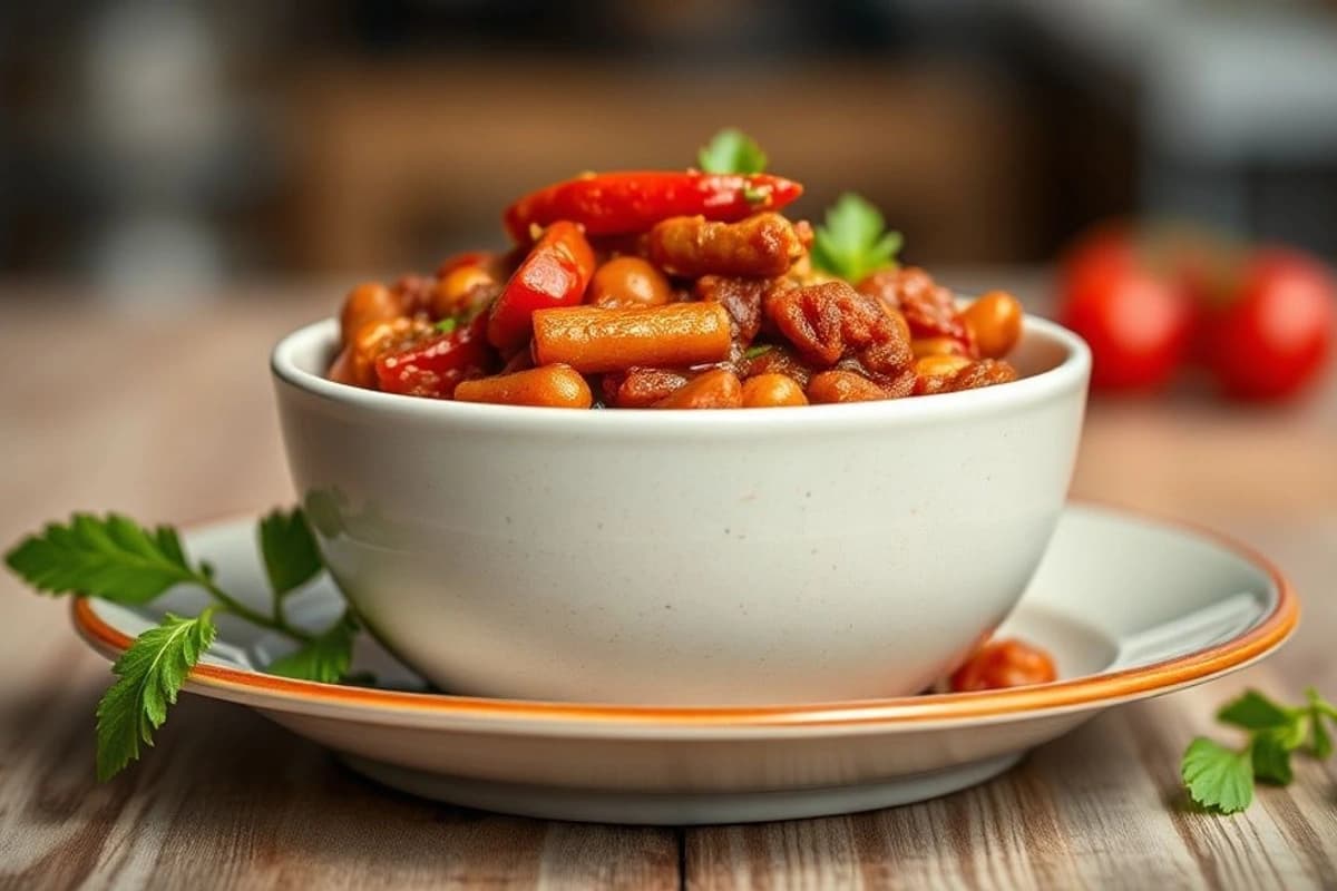 Chili con carne de lentejas, pimientos morrones y zanahorias frescas