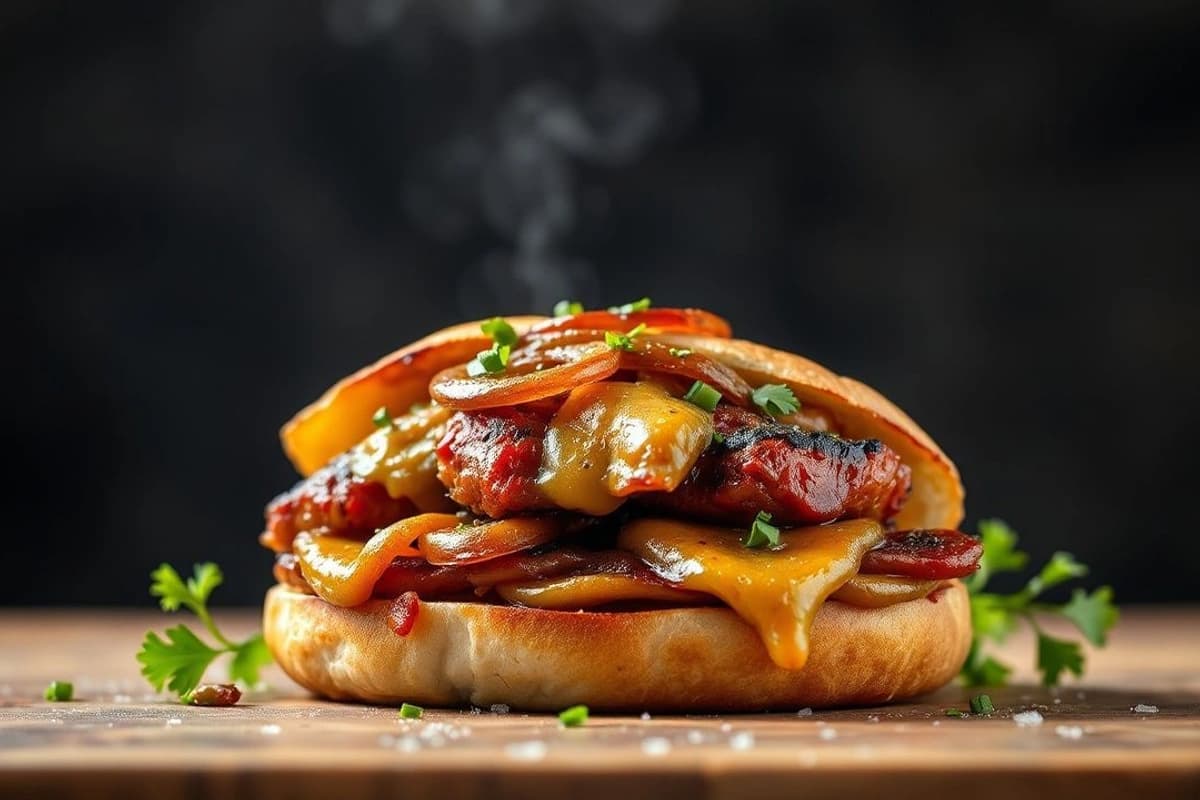 Choripán BBQ con cerdo argentino, chimichurri casero y cebolla caramelizada