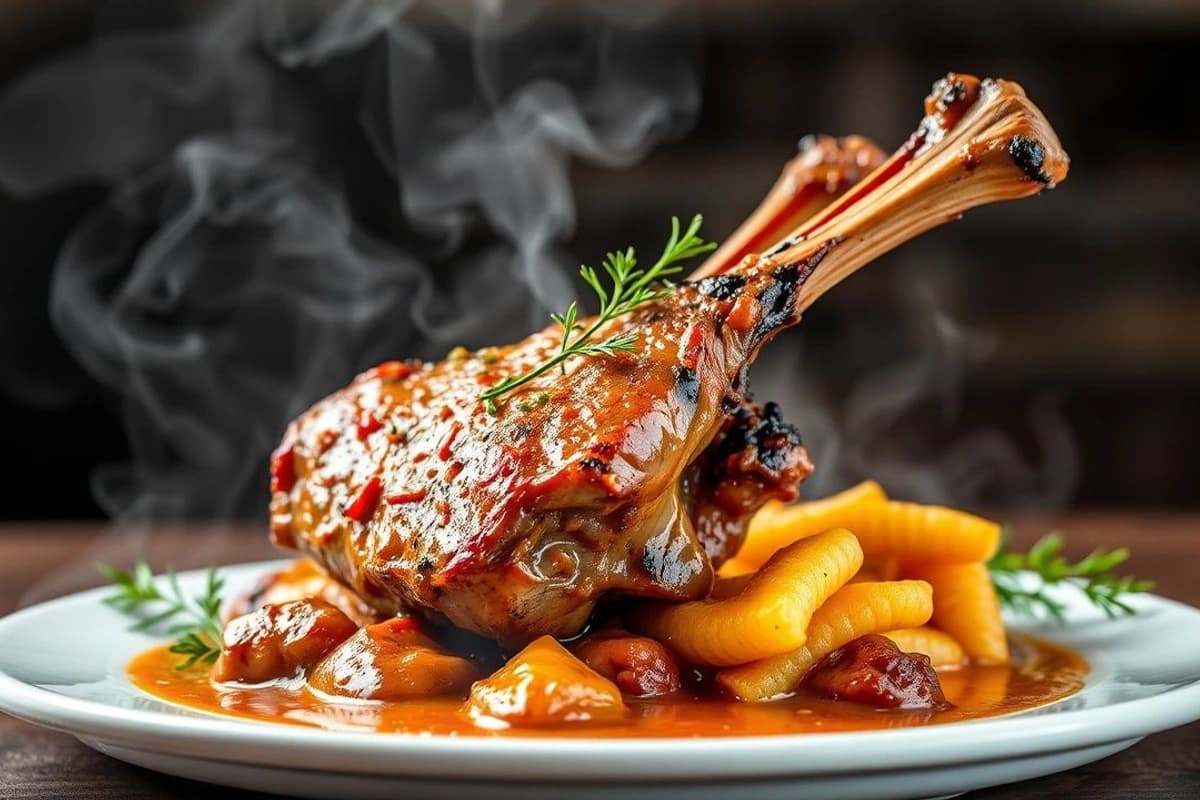 Chuletón de cordero asado a la parrilla con salmorejo fresco y panceta crujiente