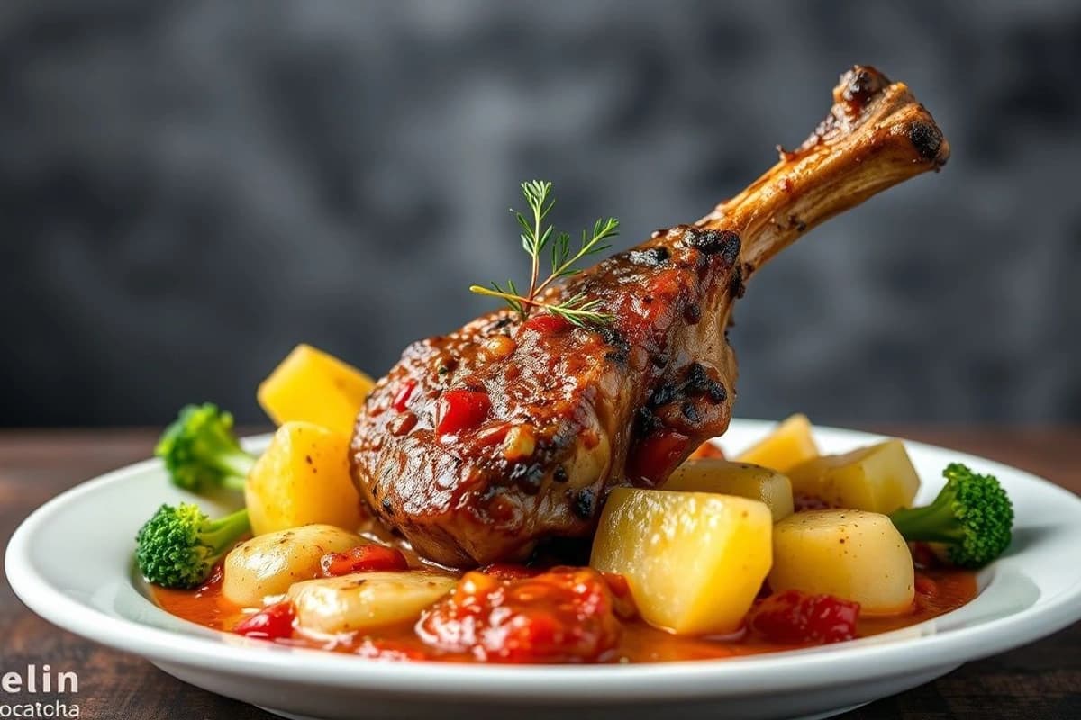 Cordero al carbón con salsa de vino tinto y orégano, servido con puré de patatas y brócoli al vapor