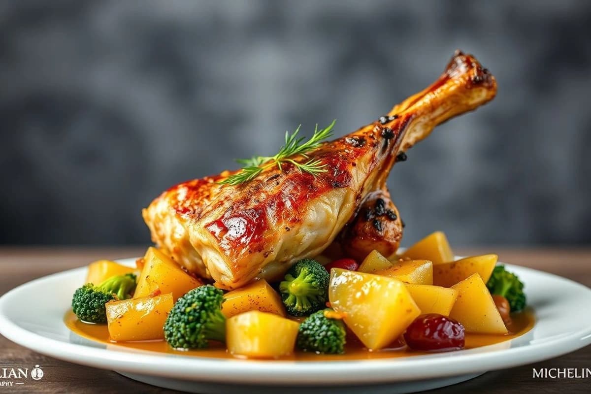 Cordero al Horno con Patatas y Brócoli y Salsa de Mostaza y Miel