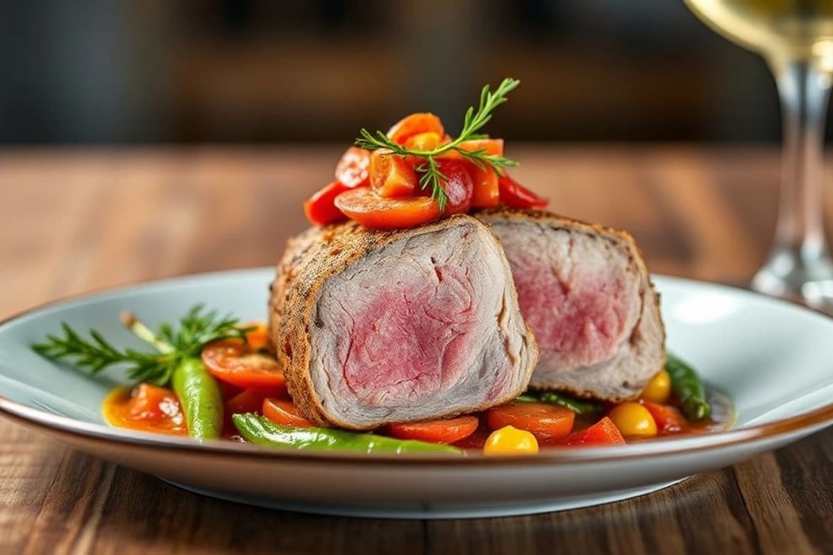 Cordero al vapor con verduras de estación y salsa de mostaza con vino blanco