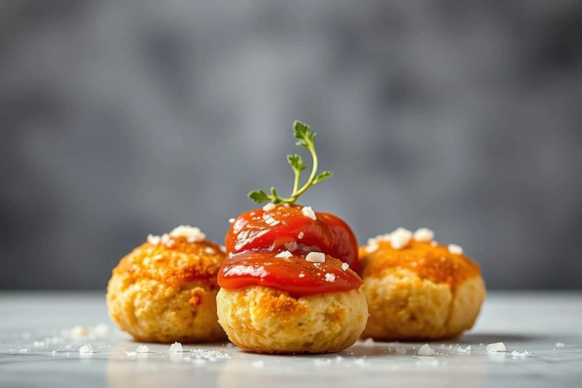 Croquetas de cerdo con salsa romesco y pan de queso galleta