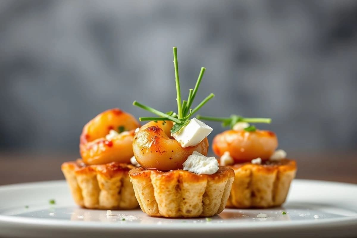 Croquetas de gambas y tocino con queso feta crujiente y hierbas frescas