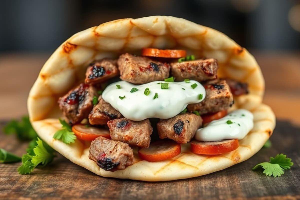 Doner Kebab de Cerdo a la Parrilla con Cebolla Caramelizada y Salsa Tzatziki
