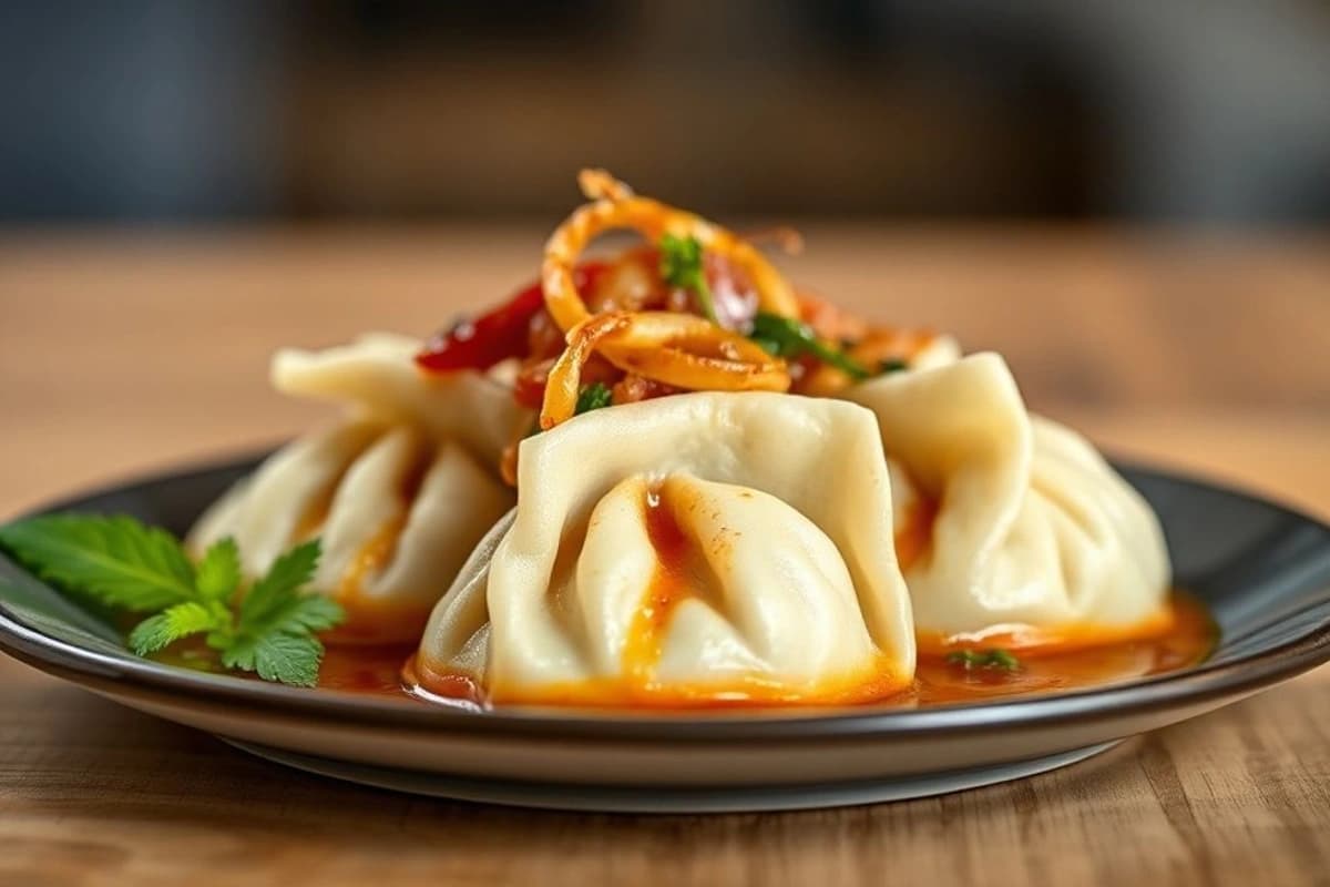 Dumplings de Tocino y Verduras con Salsa de Soja y Cebolla Caramelizada