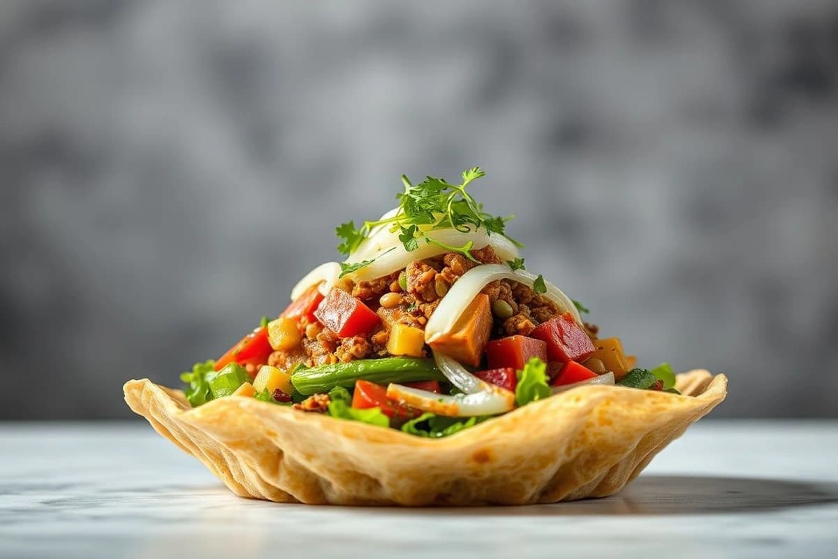 Ensalada coreana de primavera con bulgogi de zanahoria y cebolla, tortilla de tofu y maíz