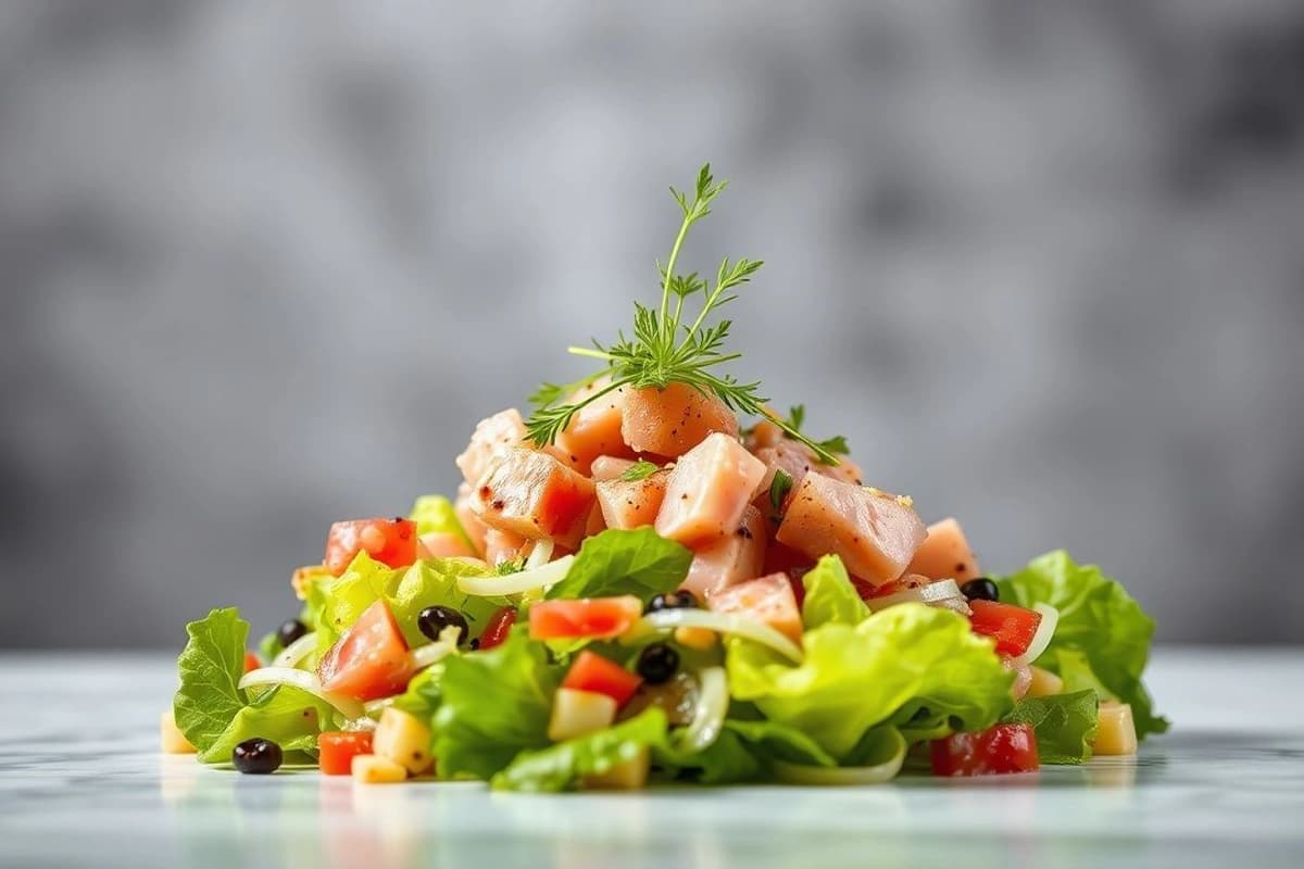 Ensalada de Atún Fresco y Mezcla de Lechugas con Pepino, Tomate y Aceitunas Negras