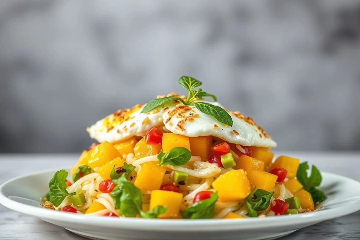 Ensalada de col rizada con huevos poché, mango fresco y semillas de sésamo tostadas