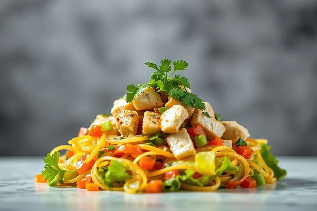 Ensalada de pollo y zanahoria cruda con salsa de tamarindo y cilantro fresco