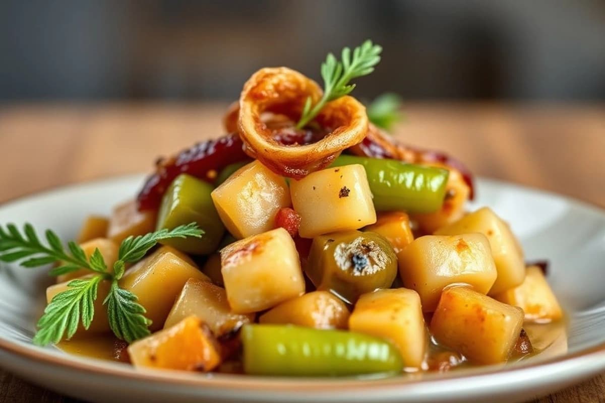 Estofado de verduras turco con berenjenas tiernas, pepinos crujientes y cebolla caramelizada