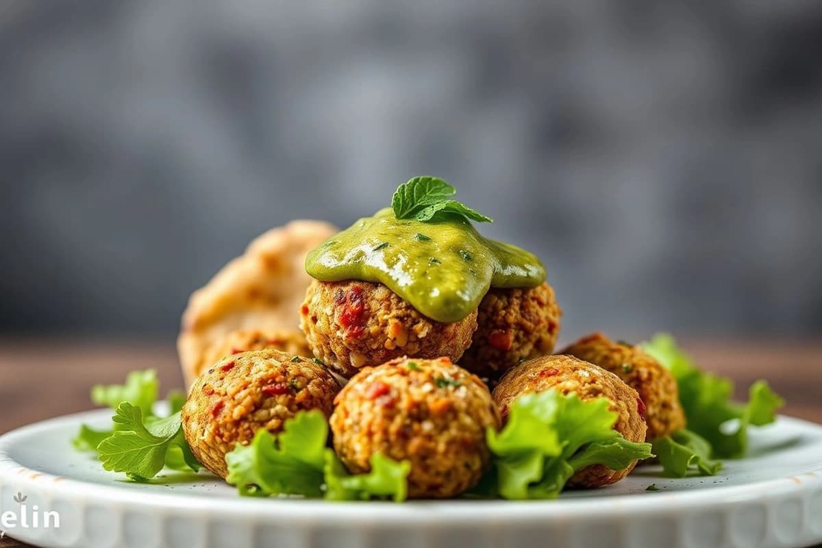 Falafel de garbanzos crujientes con salsa tahini verde, servidos con pepino fresco y pita calentita