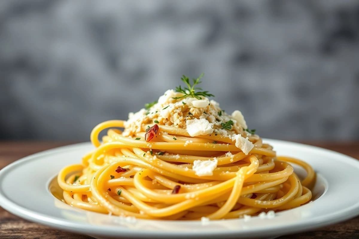 Fettuccine al carbonara con ternera rasa, champiñones crepusculares y parmesano rallado