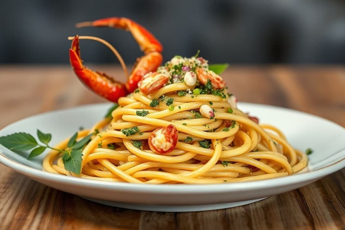 Fideos al pesto con langostinos, champiñones y espinacas forgotten