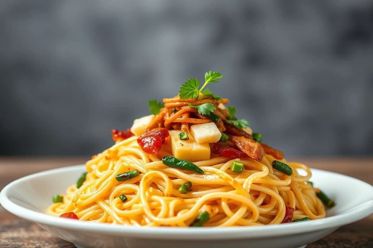Fideos de arroz chinos con tofu y soja salteados al wok con cebolla caramelizada y verduras frescas