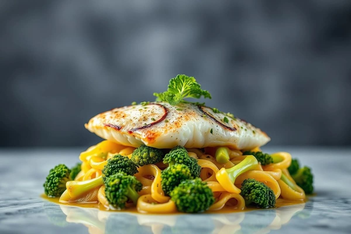 Fideus de Pescado Azul con Brócoli al Wok y Aceite de Oliva Portugués