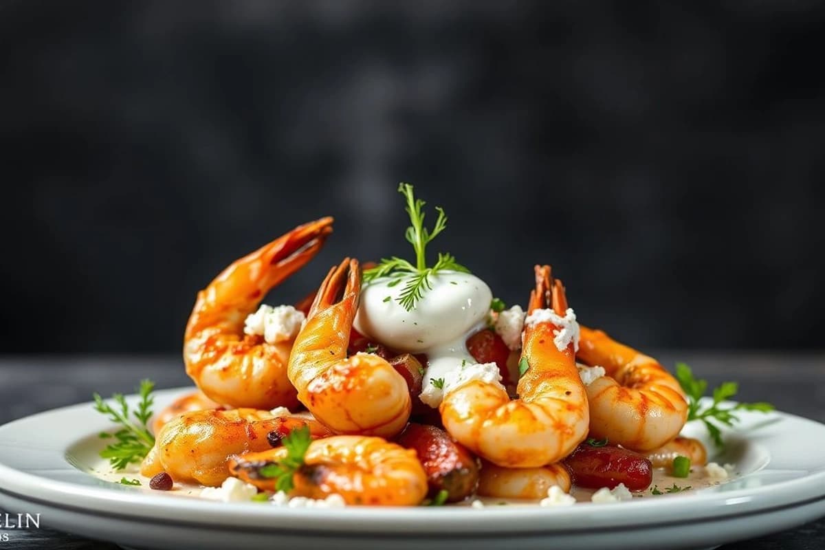 Gambas a la parrilla con queso feta crujiente y salsa tzatziki fresca