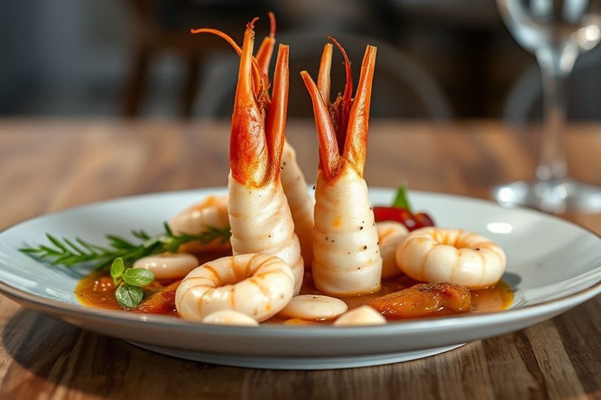 Gambas al vapor con setas y hongos silvestres, especias marroquíes y aceite de oliva de alta calidad