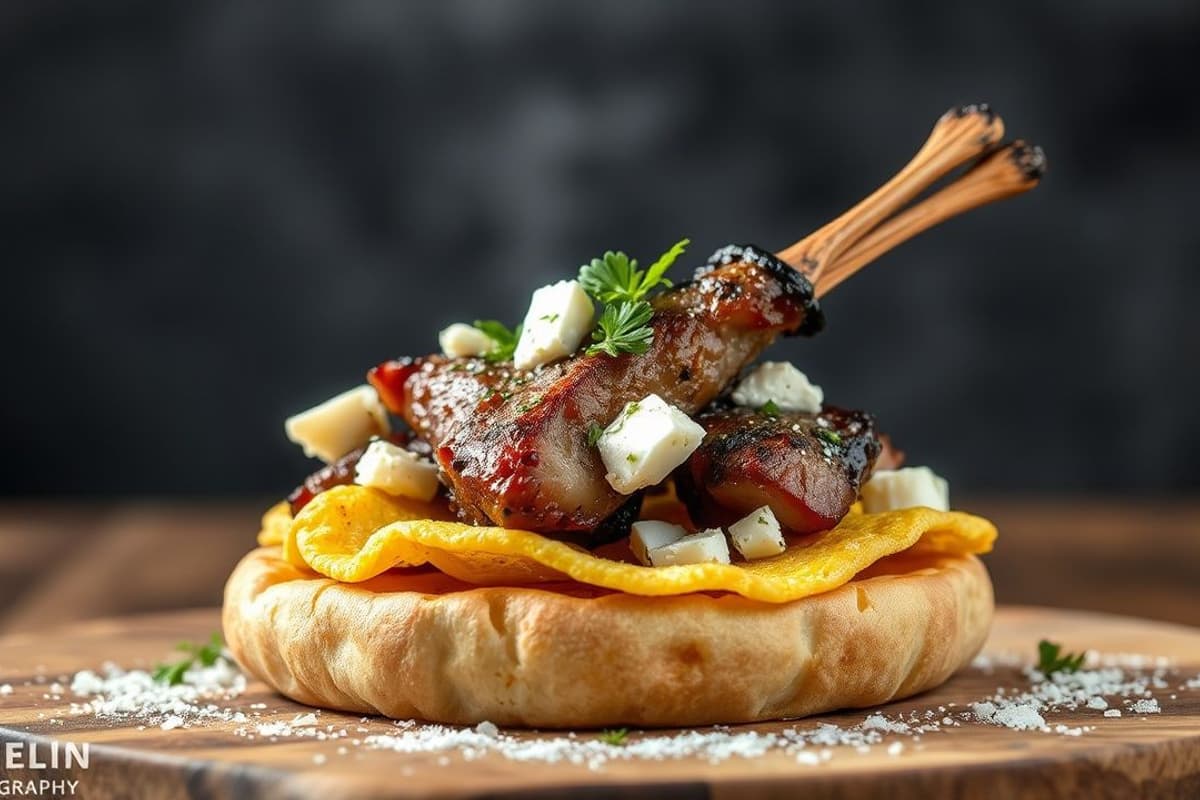 Gyro de cordero a la parrilla con tortilla de huevo y queso feta en pan pita tostado